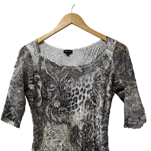 Komarov Crinkle Abstract Print Satin Blouse Size L Gray Fairy Grunge Artsy - Picture 3 of 8